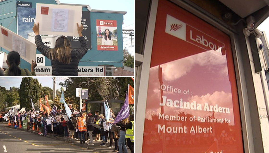 Care and support workers rally outside Jacinda Ardern's Auckland office in  nationwide protest for better pay | Newshub