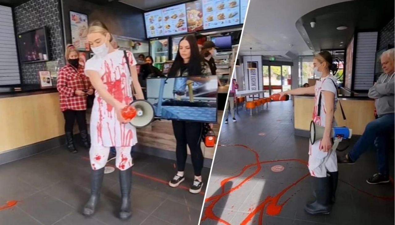 Aussie vegan activist Tash Peterson disrupts KFC customers with another  animal rights protest