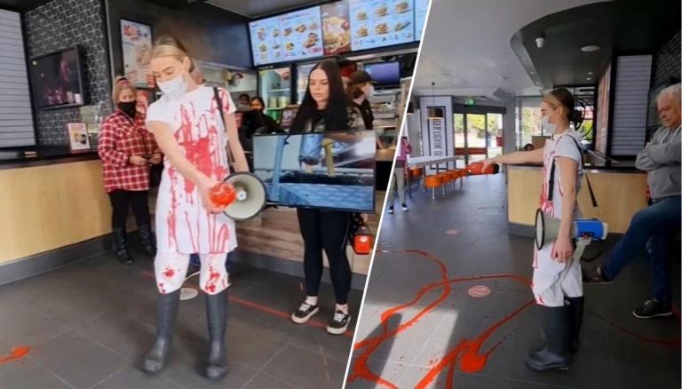 Notorious Perth vegan Tash Peterson disrupts KFC with bloody protest