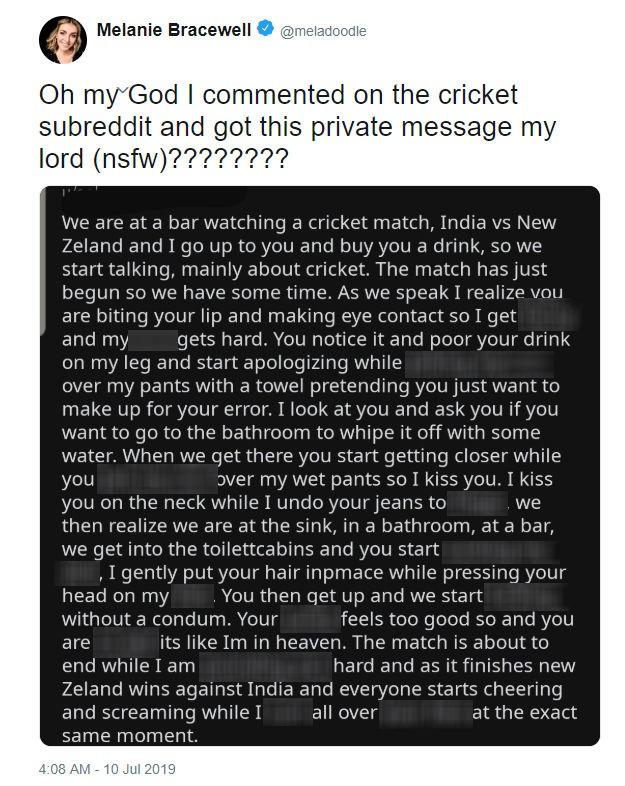 Cricket fans are outraged after Kiwi comedian Melanie Bracewell admitted fa...
