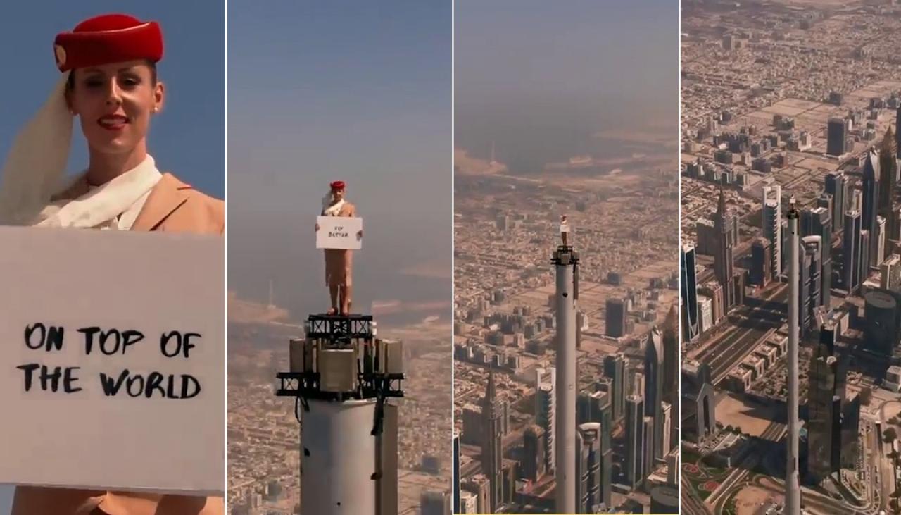 Emirates ad features woman standing atop Burj Khalifa 830m above ground