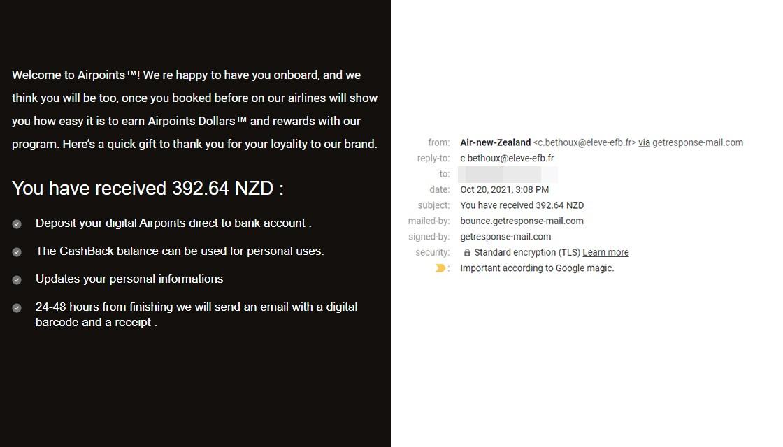 Air New Zealand email scam tells readers they've been given $392.64 credit  from the airline